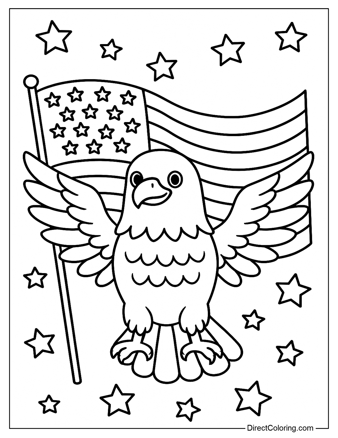 A coloring page of an eagle spreading its wings, with an American flag behind it, large details, easy to see.